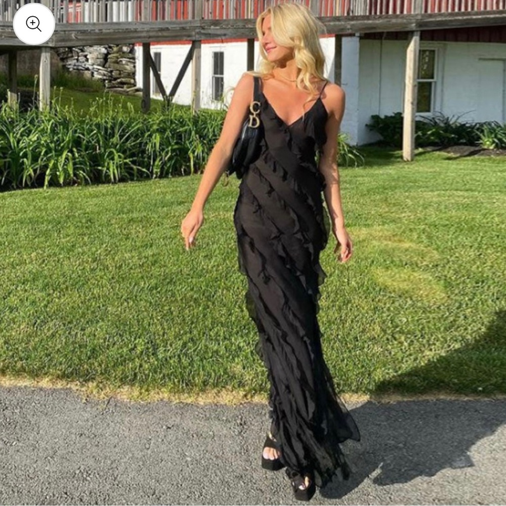 black ruffle flowy dress - rat & now selena dress dupe